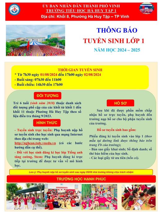 THÔNG BÁO TUYỂN SINH LỚP 1 NĂM HỌC 2024 - 2025